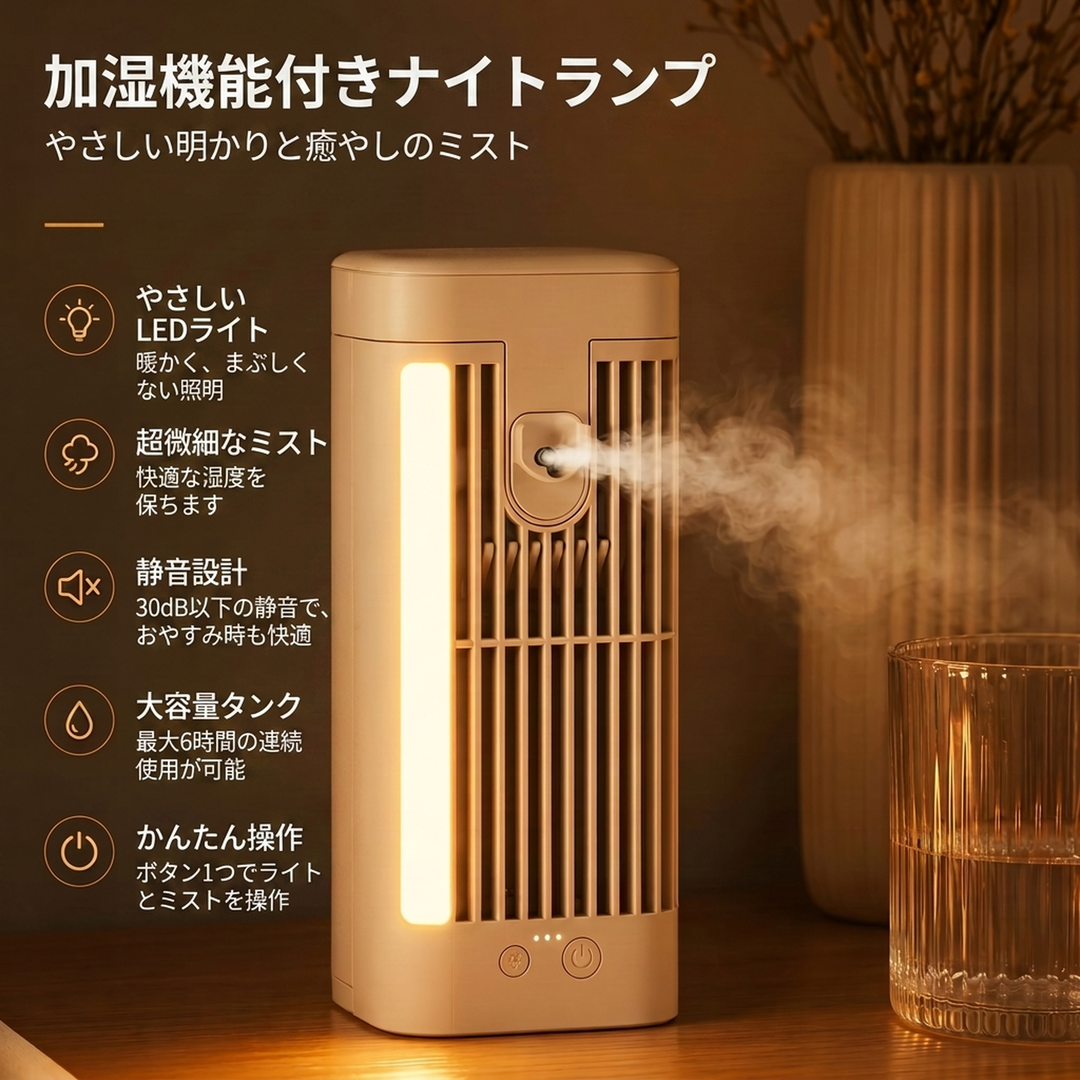常夜灯付き ポータブル冷風加湿機