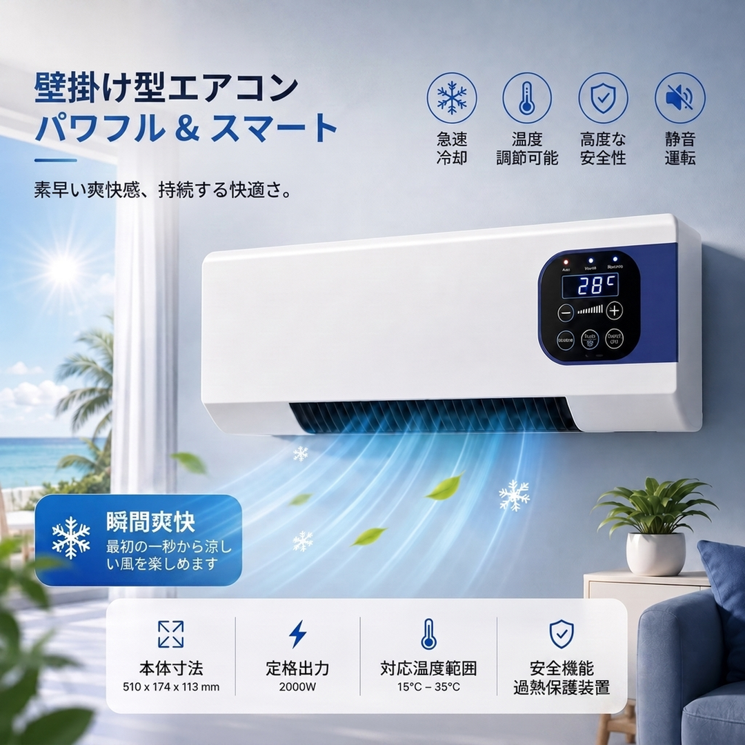 リモコン付き 壁掛け温冷風機 2000ワット