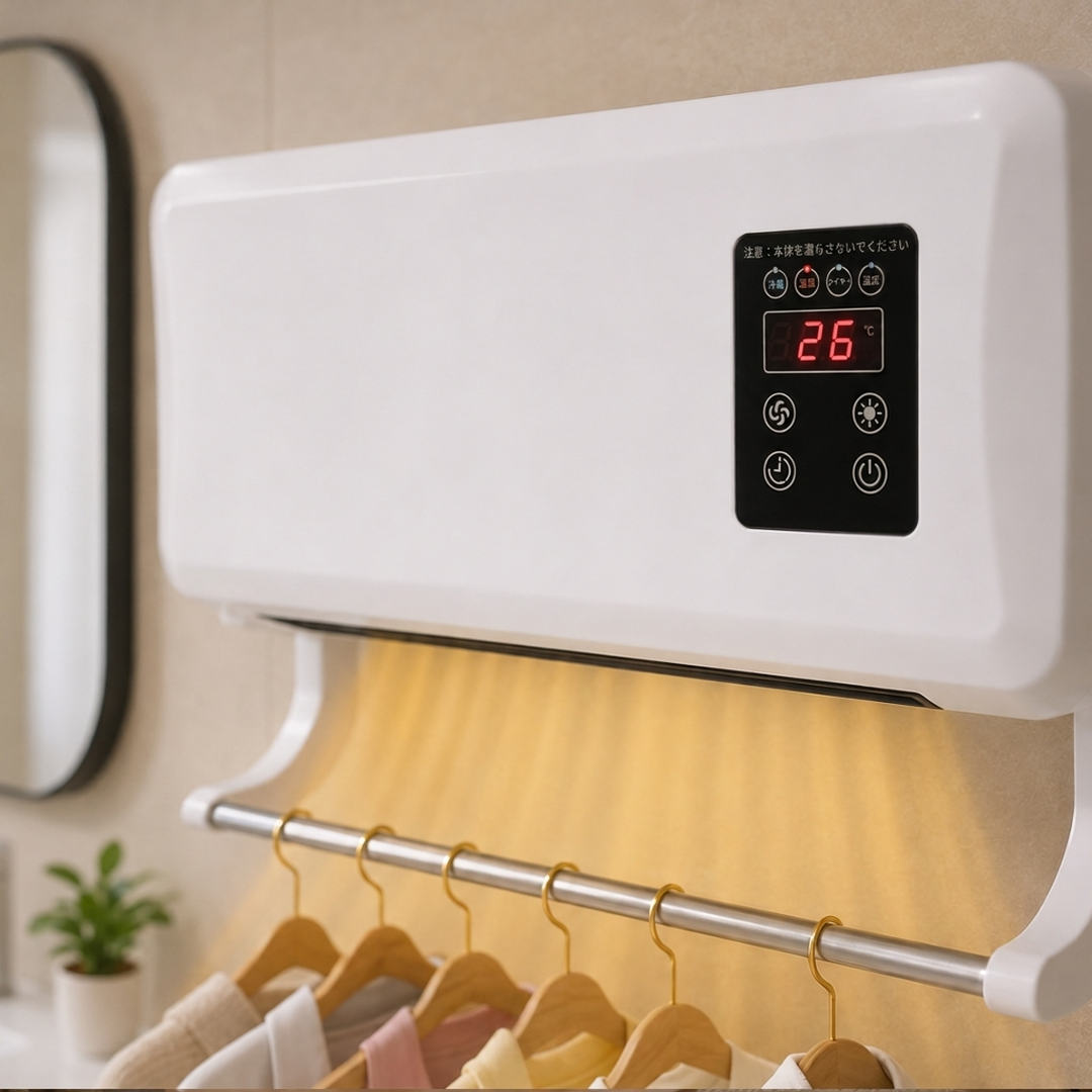 壁掛け式 温風ヒーター＆物干しラック 1台2役 リモコン付き衣類乾燥機