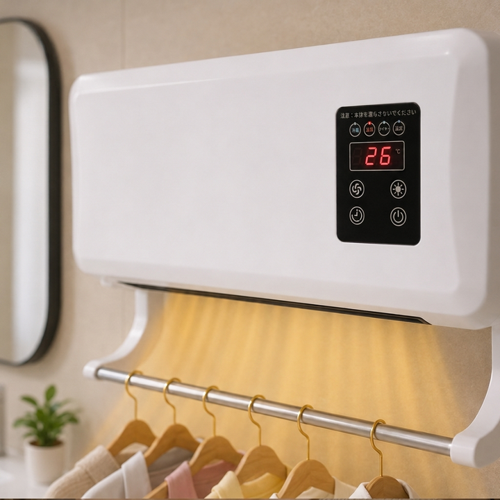 壁掛け式 温風ヒーター＆物干しラック 1台2役 リモコン付き衣類乾燥機