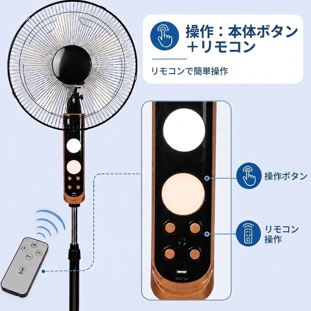 リモコン付き 首振り スタンド扇風機 ソーラーパネル付属
