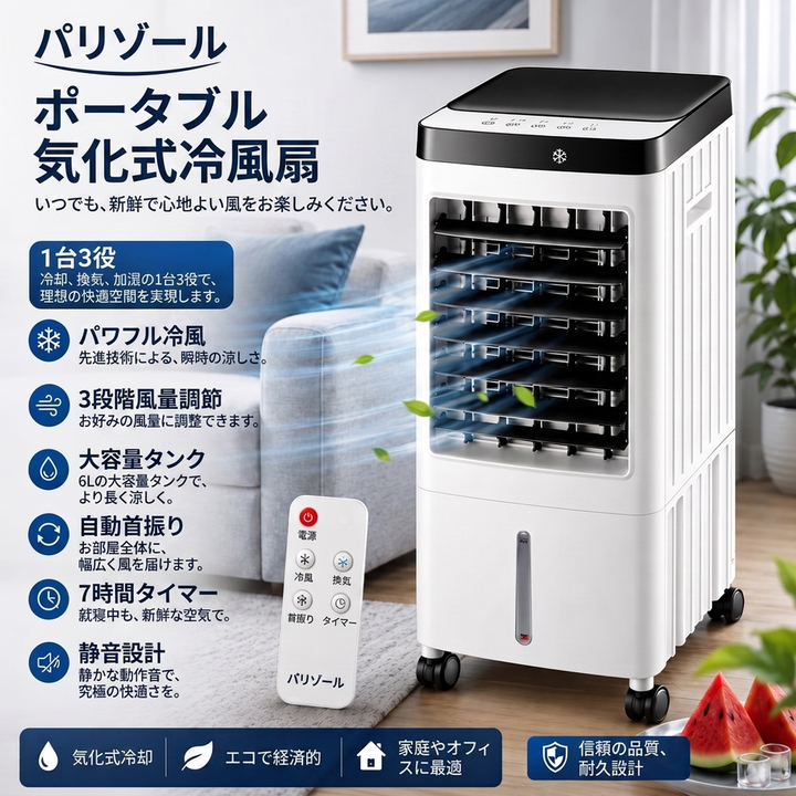 リモコン付き ポータブル冷風機 10L大容量タンク