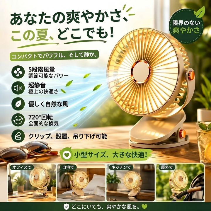 クリップ式 充電扇風機 ライト付き