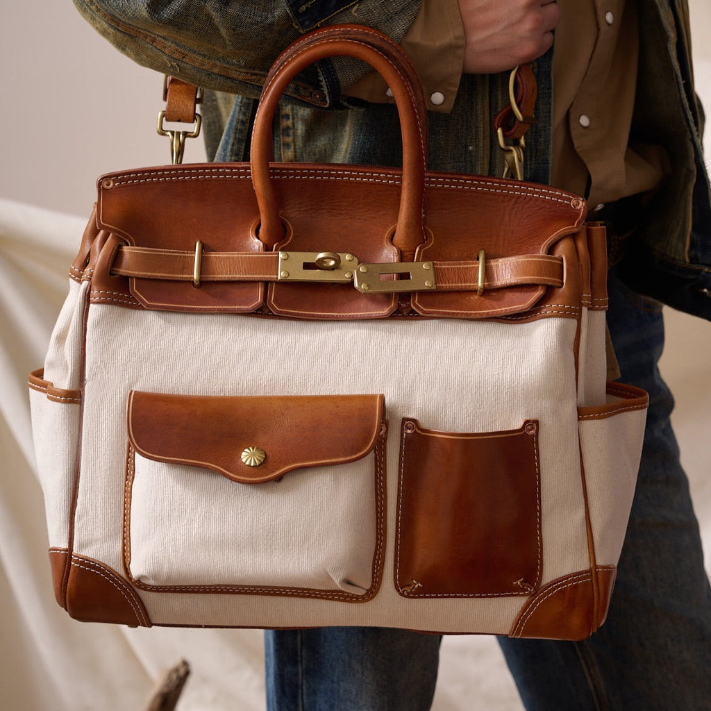 Handmade Full-Grain Leather &amp; Canvas Travel Bag | バッグ