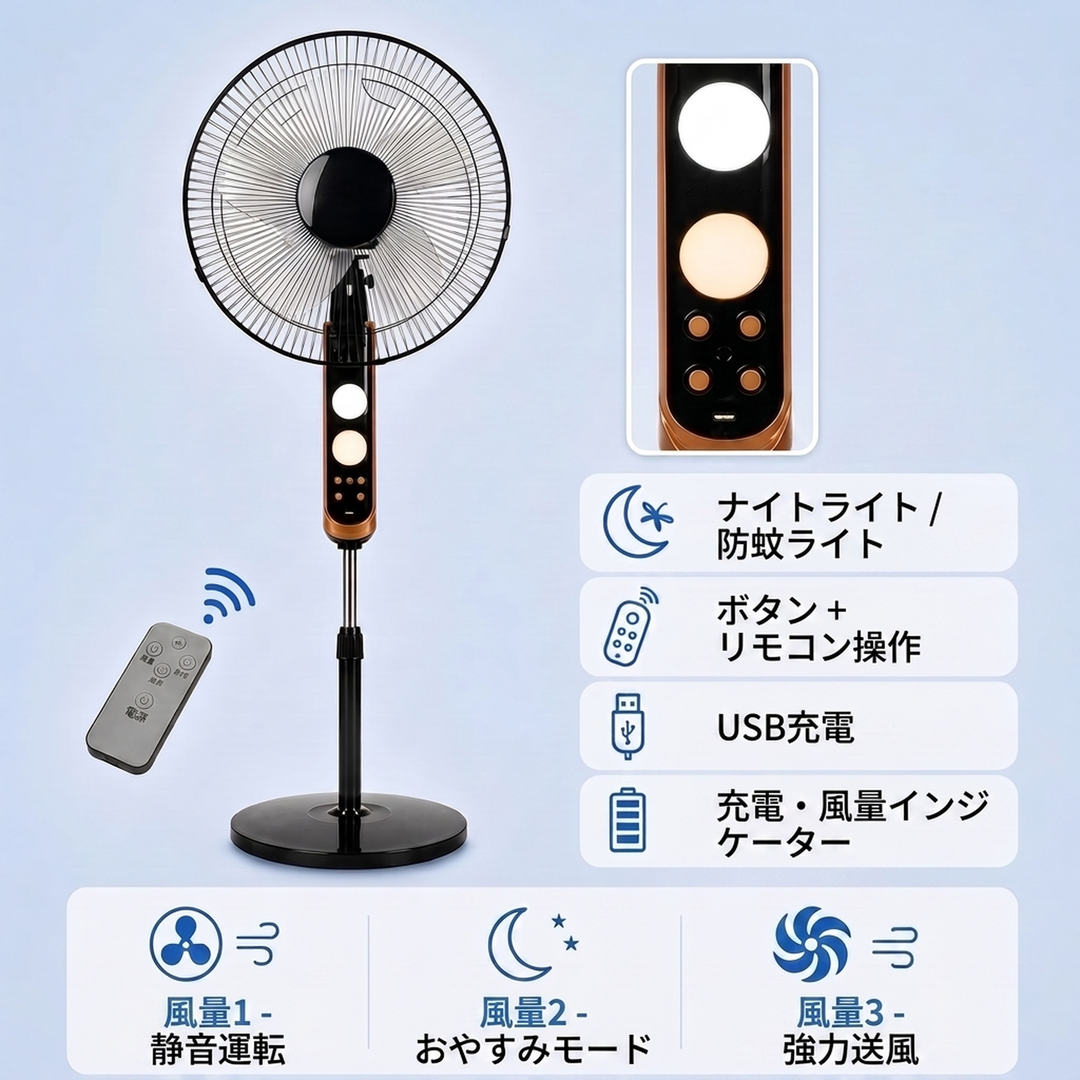 リモコン付き 首振り スタンド扇風機 ソーラーパネル付属