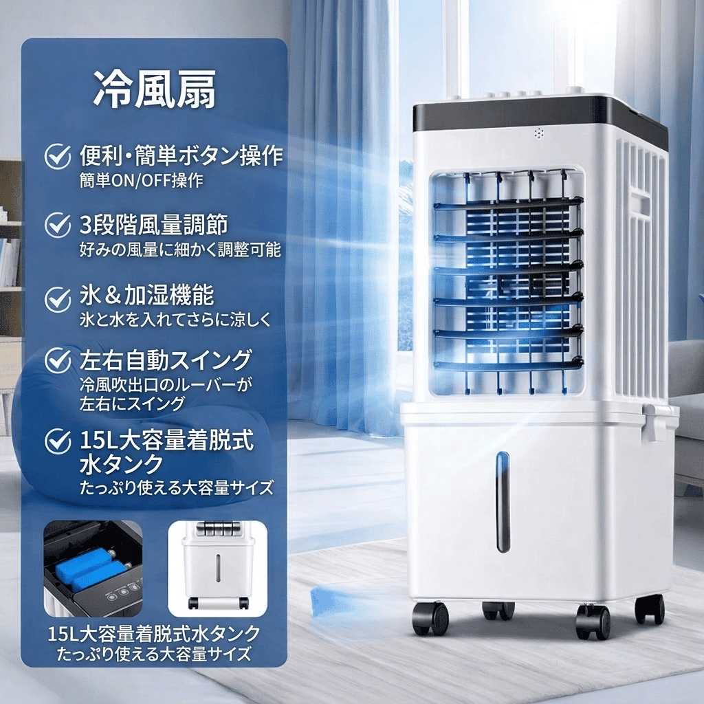 排気ダクト不要 冷風・加湿・送風 1台3役 15L大容量タンク冷風機