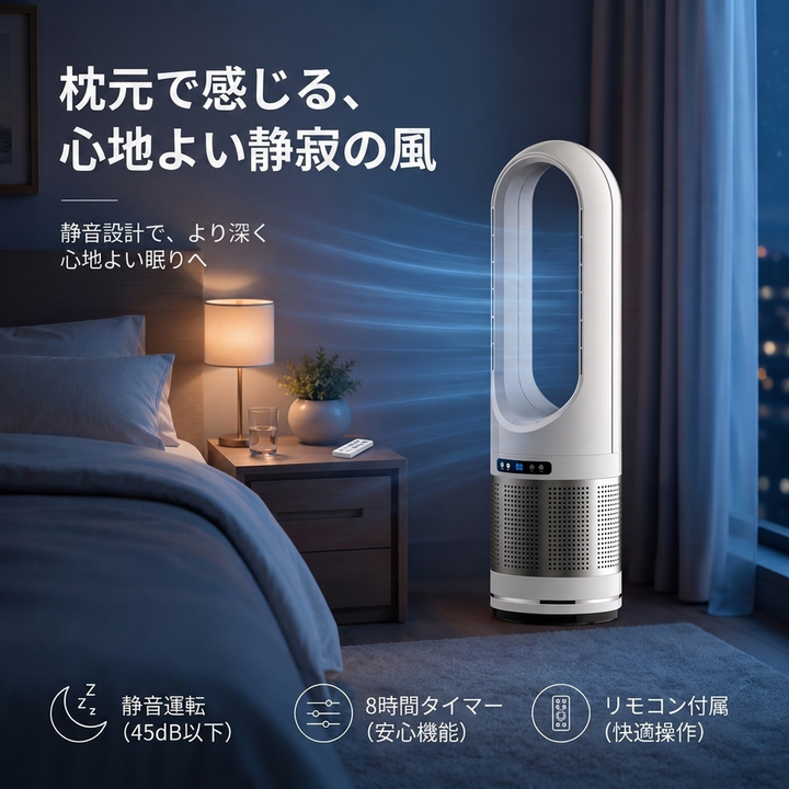 リモコン付き 羽根なしタワーファン