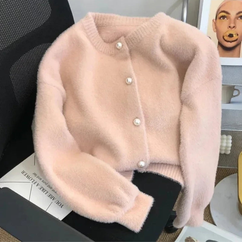 カーディガン レディース 丸首 パール ボタン 上品 長袖