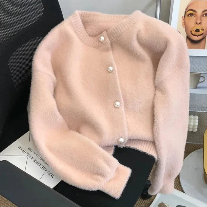 カーディガン レディース 丸首 パール ボタン 上品 長袖